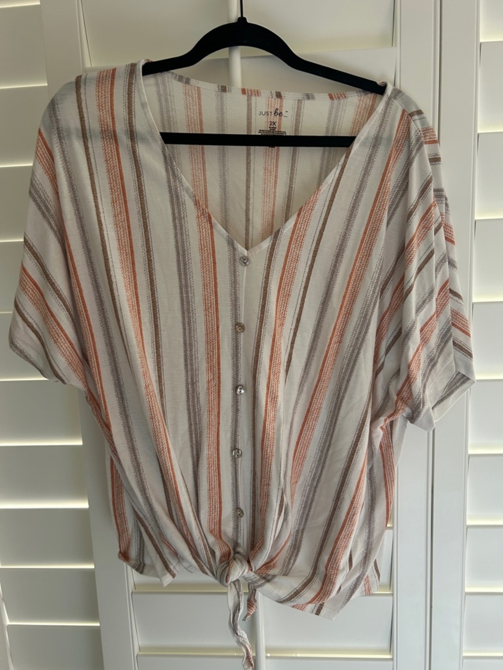 just be White Button-Front Tie-Hem Top with Orange and Gray Stripes